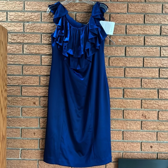 💙MARC BOUWER GLAMIT💙SILK RUFFLE SHIFT COCKTAIL DRESS IN NAVY BLUE💙 - Picture 4 of 10